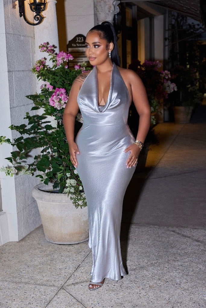 silver draped dress Strapless Draped Maxi Dress Silver