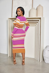 STRIPED RIBBED KNIT DRESS - PINK