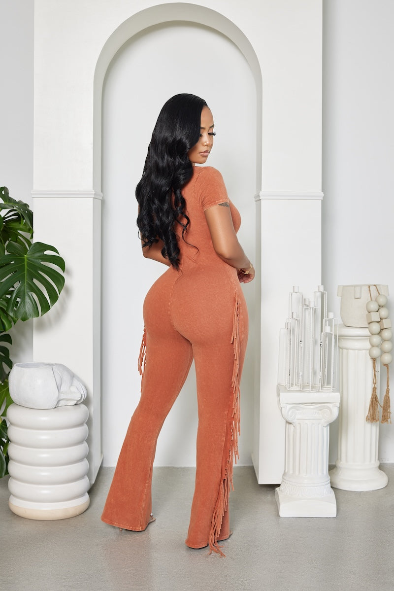 FRINGE FLARE JUMPSUIT - RUST