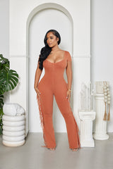 FRINGE FLARE JUMPSUIT - RUST