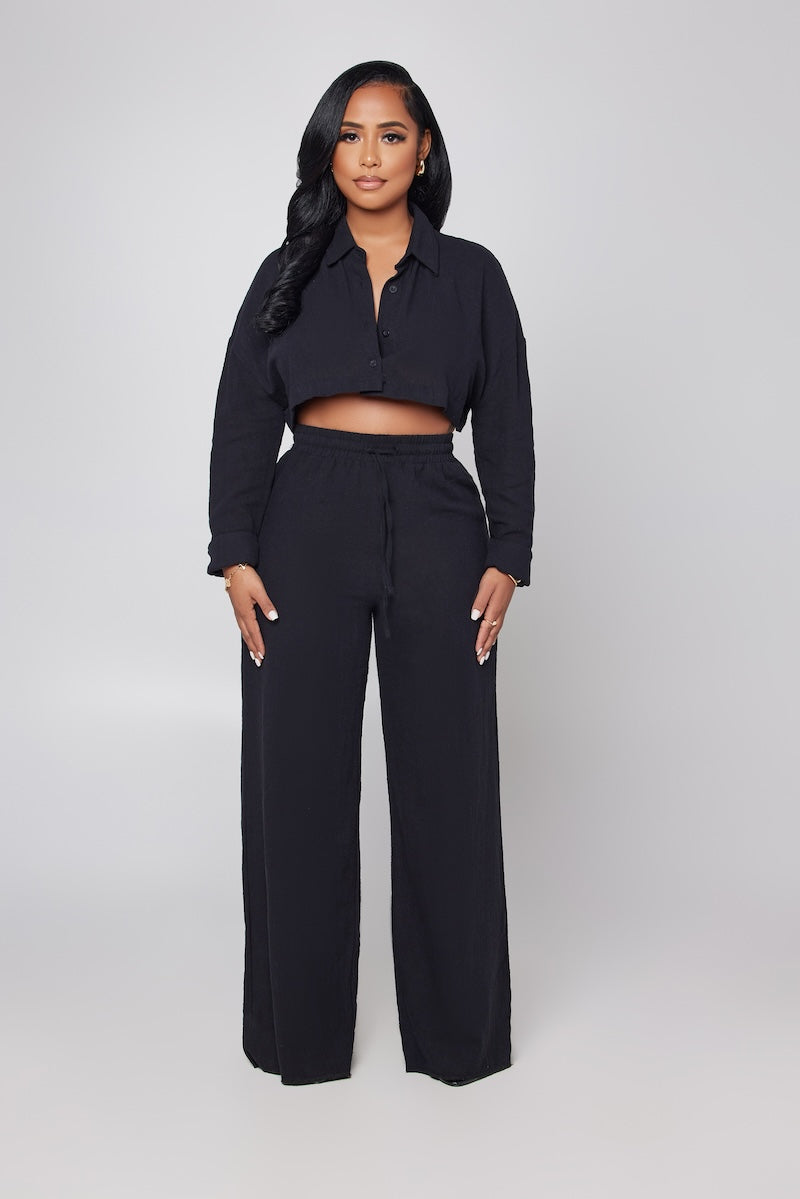 LINEN PANT SET - BLACK