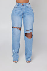 Distressed Wide Leg Jeans - Light Blue