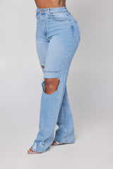 Distressed Wide Leg Jeans - Light Blue